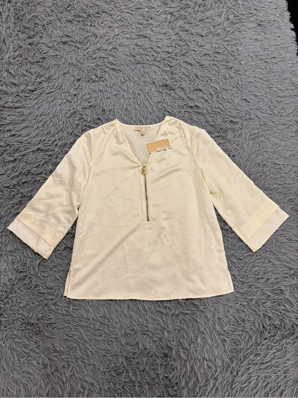 NEW Michael Kors Womens Small Bone White Satin Zip Front Blouse Minimalist Glam